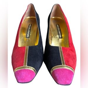 Anne Klein Couture Heels / Vintage 90S / Red Pink Black Colorblock Suede Heels